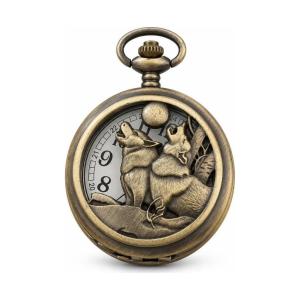 Quarz Taschenuhr mit zwei Wölfen in Bronze
