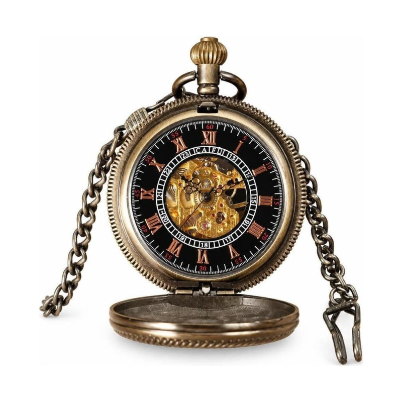 Skelett-Taschenuhr aus Bronze mit römischen Ziffern