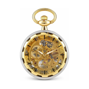 Skelett-Taschenuhr mit goldenem Uhrwerk und Kette