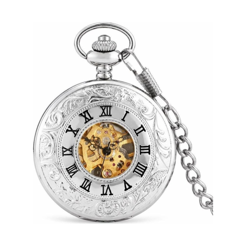 Skelett-Taschenuhr mit römischen Zahlen und Gravur