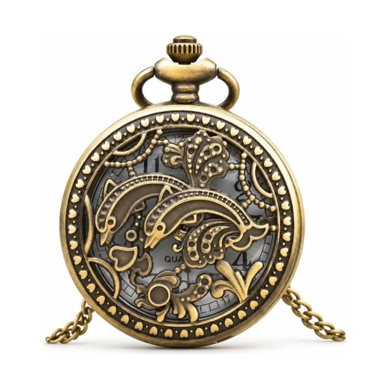 Steampunk-Taschenuhr mit Delphinen aus Messing