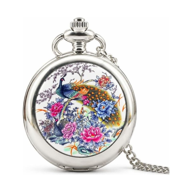 Steampunk-Taschenuhr mit Pfauenmotiv aus Messing