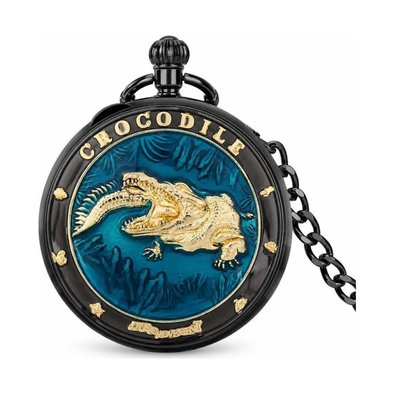 Taschenuhr mit Melodie, Quarzwerk und Krokodilmotiv