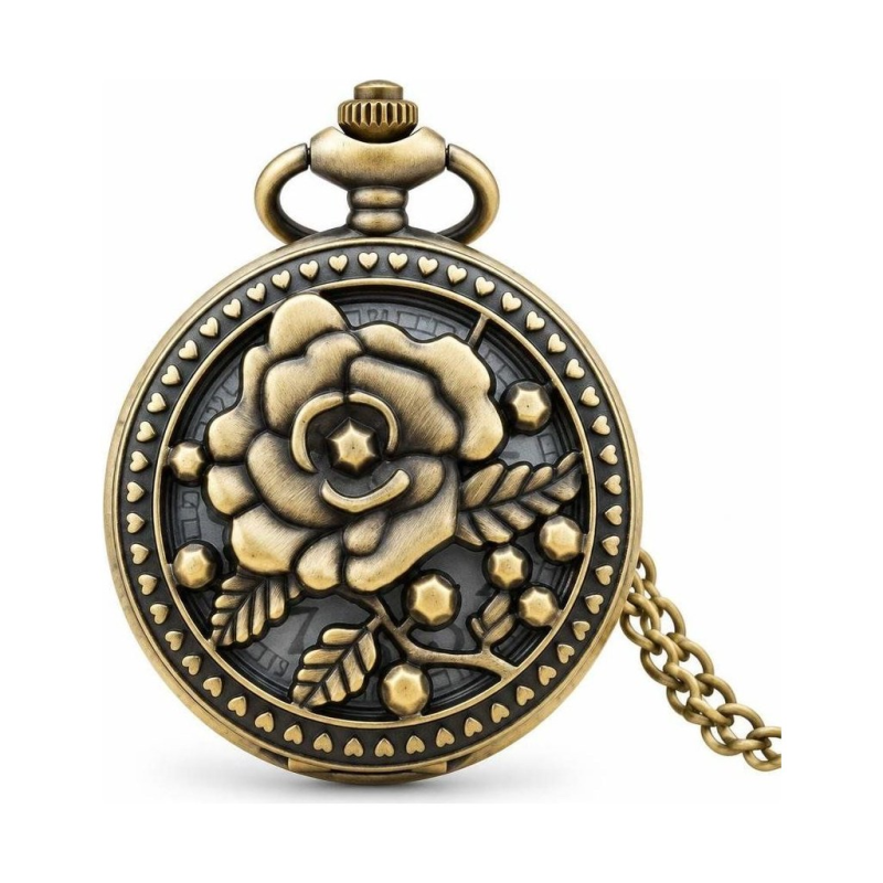 Vintage-Taschenuhr in Bronze mit Quarzwerk und Rosendekor
